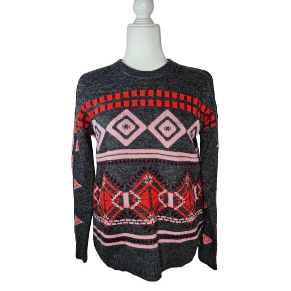 J. Crew Size Medium Abstract Fair Isle Gray Red Pink Wool Mohair Blend Sweater - Picture 1 of 11